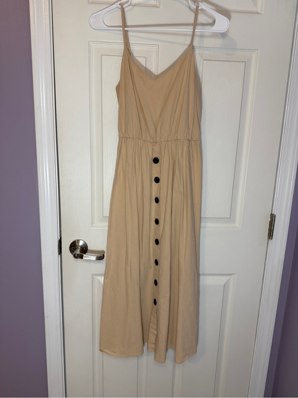 Beige Spaghetti-Strap Button-Front Midi Dress